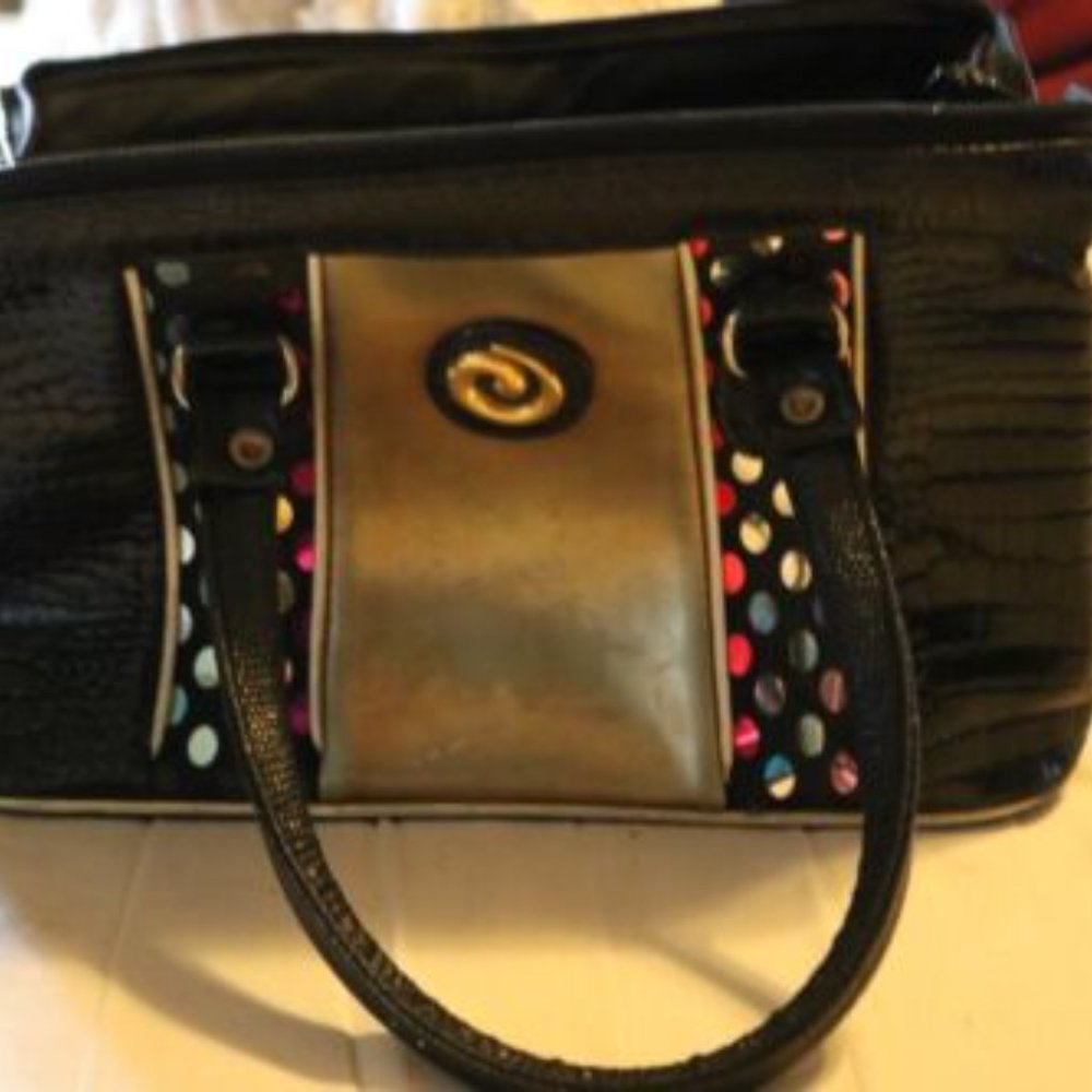 Women's Black and Gold Faux Alligator Top Handle Purse/Bag/Handbag